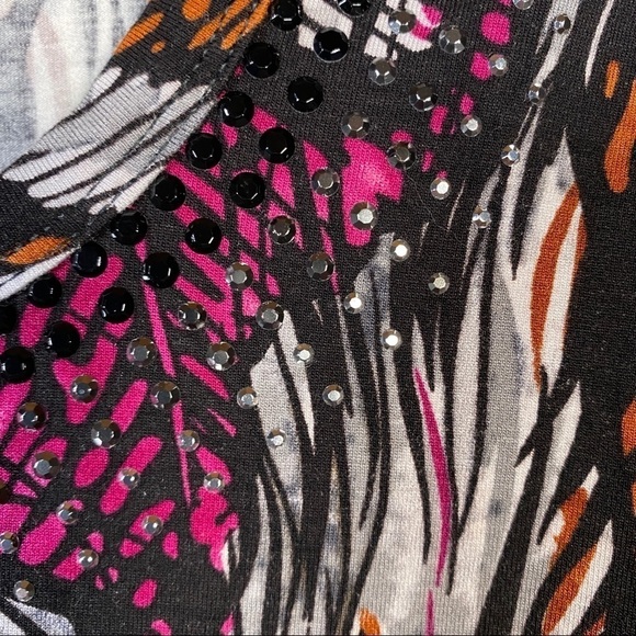 ST JOHN Top with Rhinestones. Abstract in red gray and orange. Size Small - Picture 3 of 8